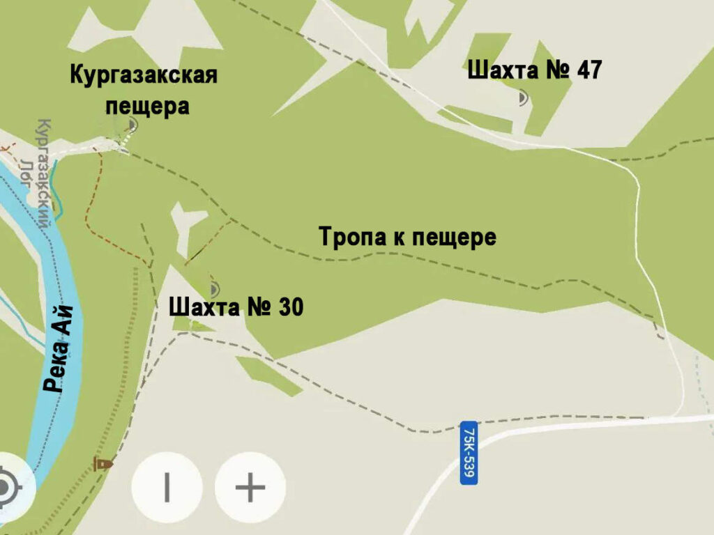 Карта, схема пещера Кургазак, Челябинская область, река Ай